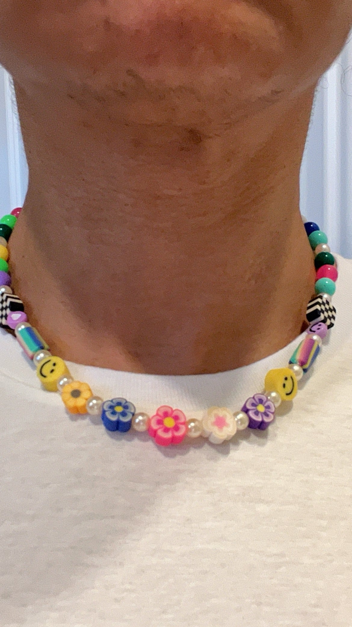 Colorful bead flower necklace, polymer clay pendant, happy face, chunky beaded necklace