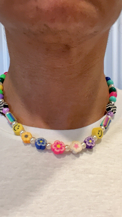 Colorful bead flower necklace, polymer clay pendant, happy face, chunky beaded necklace