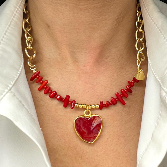 Choker Necklace In Crushed Stone With Golden Chain in Rhodium