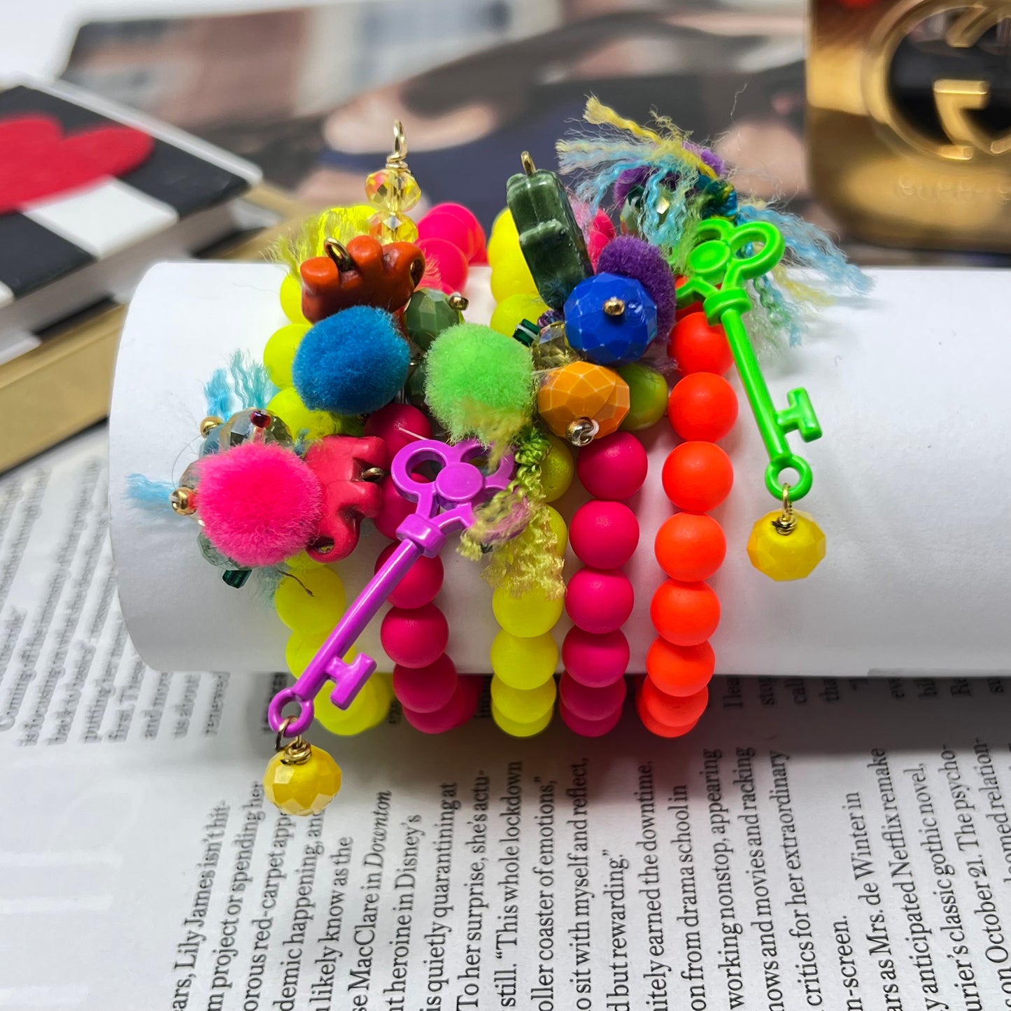 Bracelet with neon colored beads, elastic, bohemian style, summer and beach bracelet