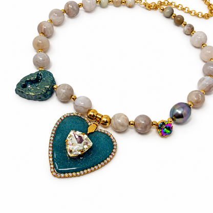 Agate & Grey Pearl Necklace with Swarovski Crystal Resin Heart