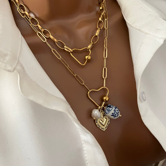 Carabiner necklace, Chunky charm necklace, Custom gold vintage, handmade Christmas gift women, paperclip necklace, pearl pendant