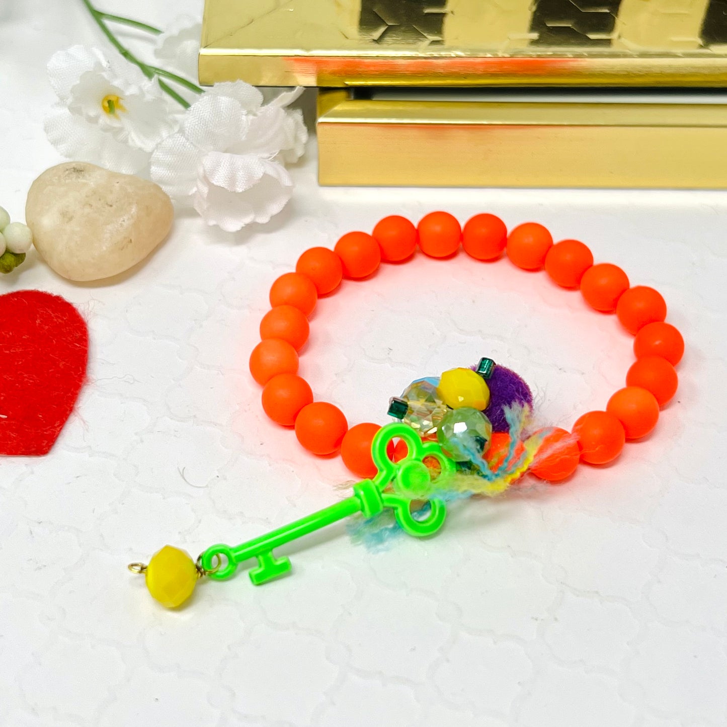 Bracelet with neon colored beads, elastic, bohemian style, summer and beach bracelet