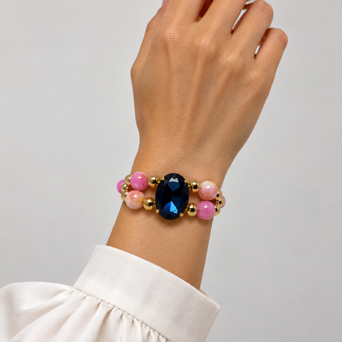 Pink Jade Bracelet with Oval Montana Swarovski Crystal
