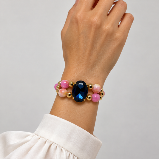 Pink Jade Bracelet with Oval Montana Swarovski Crystal