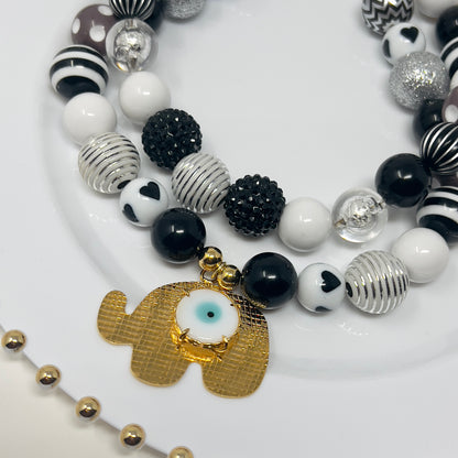 Handmade Layered Beaded Necklace with Gold Plated Elephant Charms – Adjustable Two-Strand Chunky Beads Jewelry