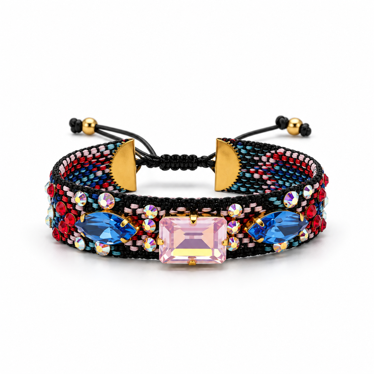 Black Macramé Bracelet with Multicolor Swarovski Crystals