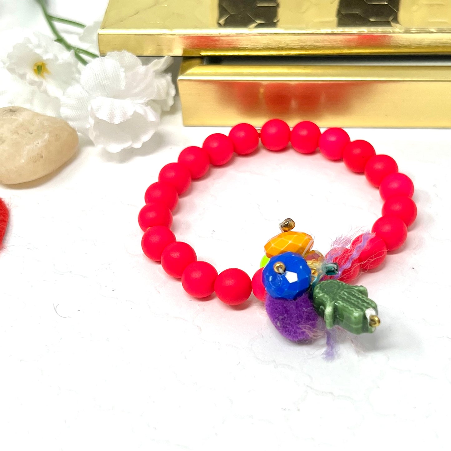 Bracelet with neon colored beads, elastic, bohemian style, summer and beach bracelet