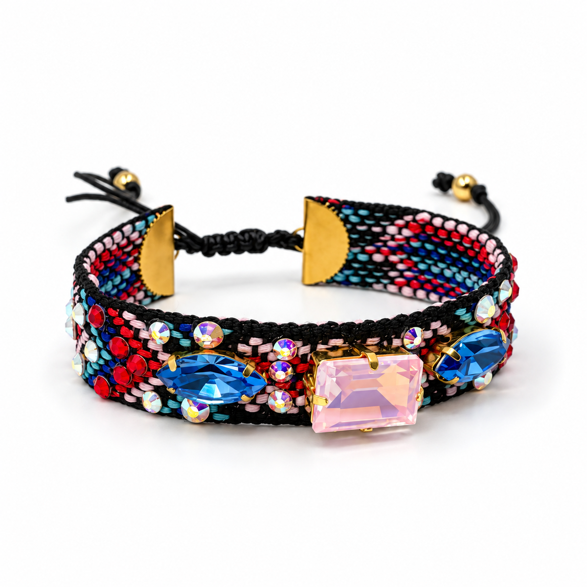 Black Macramé Bracelet with Multicolor Swarovski Crystals