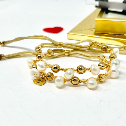 Freshwater Pearl And Hematite Beads Bracelet Set, Handmade Cord Adjustable Gold Bracelet