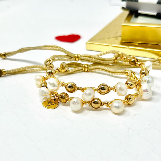 Freshwater Pearl And Hematite Beads Bracelet Set, Handmade Cord Adjustable Gold Bracelet