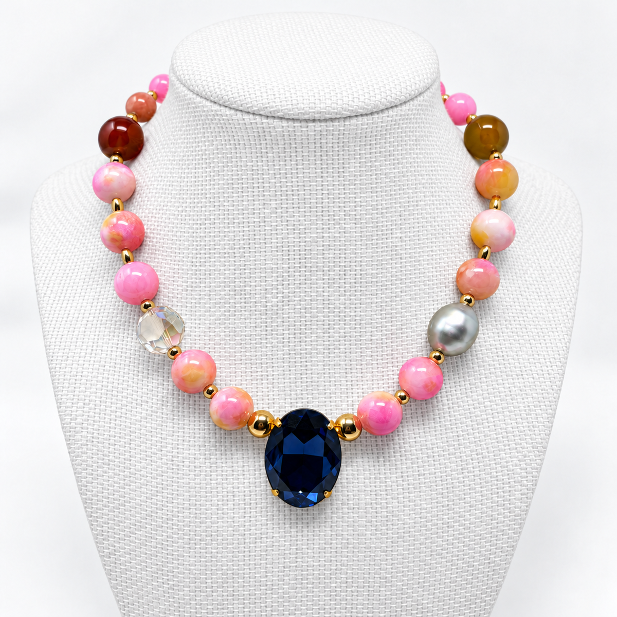 Pink Jade Necklace with Oval Montana Swarovski Crystal