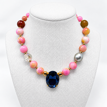 Pink Jade Necklace with Oval Montana Swarovski Crystal