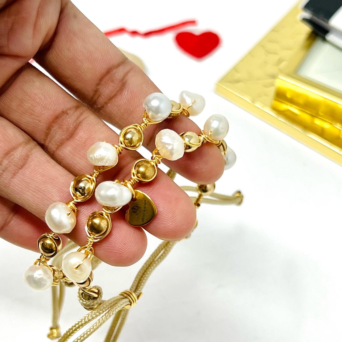 Freshwater Pearl And Hematite Beads Bracelet Set, Handmade Cord Adjustable Gold Bracelet