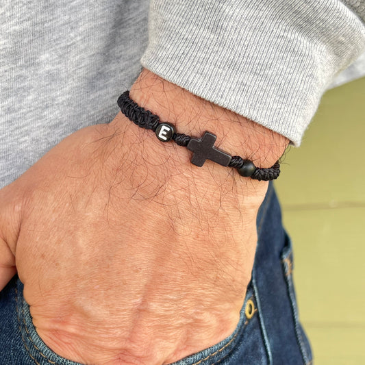 Cross bracelet men, Initial bracelet, Christian religious catholic protection, black cord beads, Christmas gift for him, boyfriend father