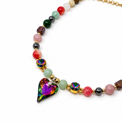 Mixed Gemstone Necklace with Crystal Heart & Swarovski Accents