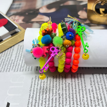 Bracelet with neon colored beads, elastic, bohemian style, summer and beach bracelet