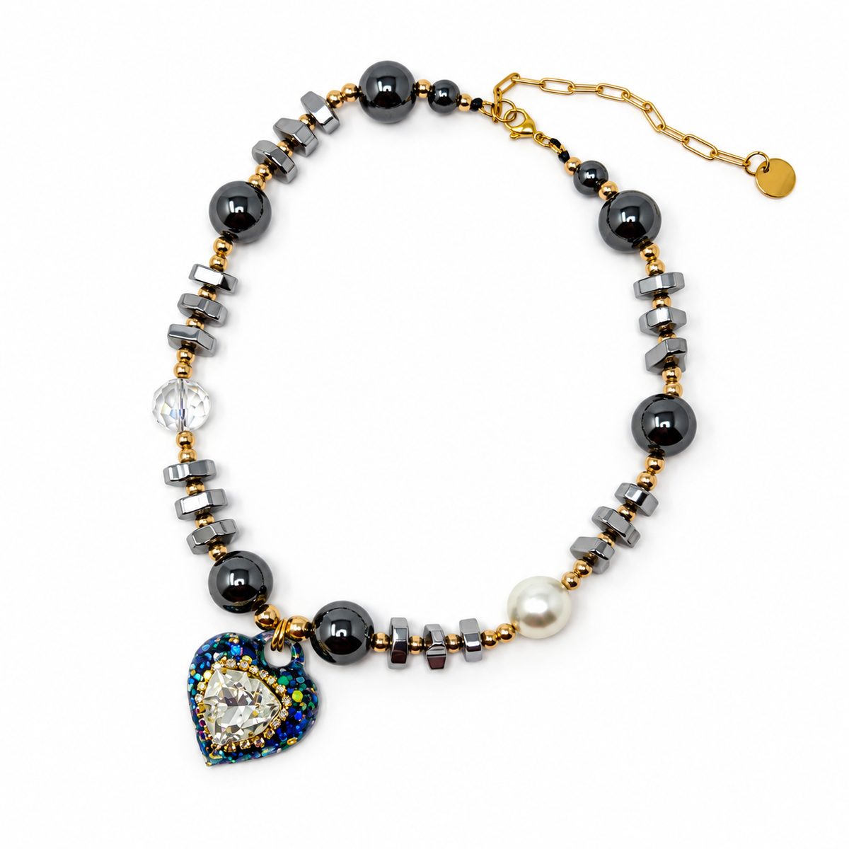 Hematite Heart Pendant Necklace with Trilliant Swarovski Crystal