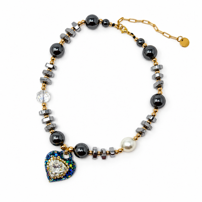 Hematite Heart Pendant Necklace with Trilliant Swarovski Crystal