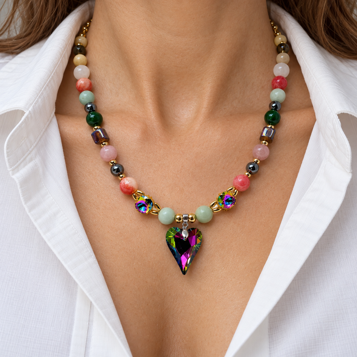 Mixed Gemstone Necklace with Crystal Heart & Swarovski Accents
