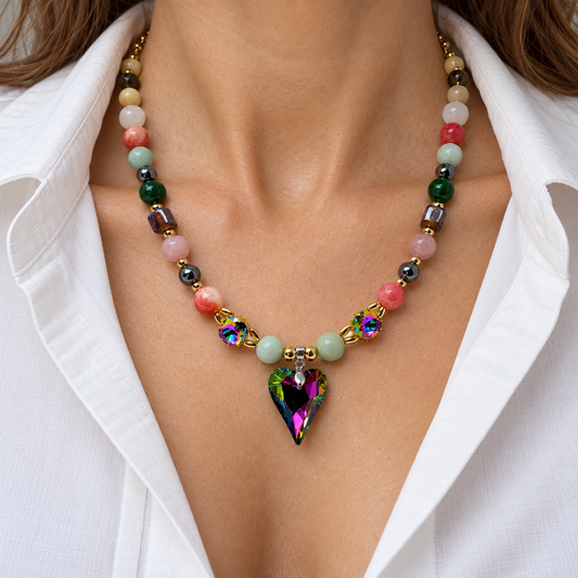 Mixed Gemstone Necklace with Crystal Heart & Swarovski Accents