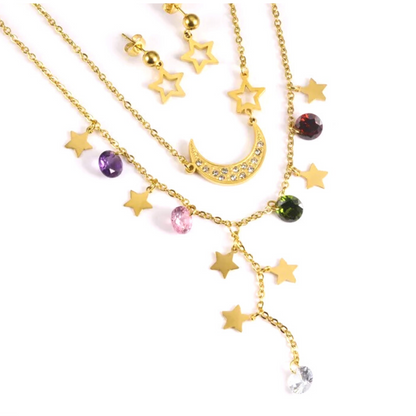 Stainless Steel Necklace Set, Moon Charm Layering Necklace