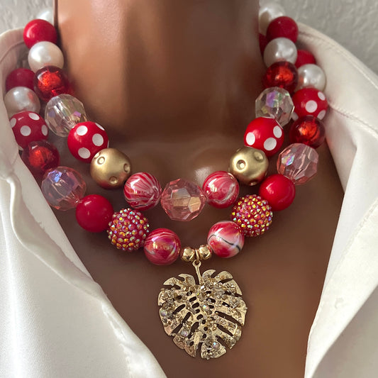 Layered Beaded Necklace with Gold Plated Leaf Charms – Adjustable Two-Strand Chunky Beads Jewelry
