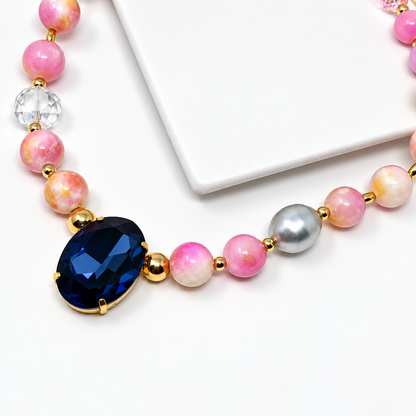 Pink Jade Necklace with Oval Montana Swarovski Crystal