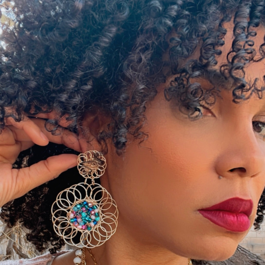 Golden Flower And Bead Earrings, Handmade Gold Plated Wire Earrings