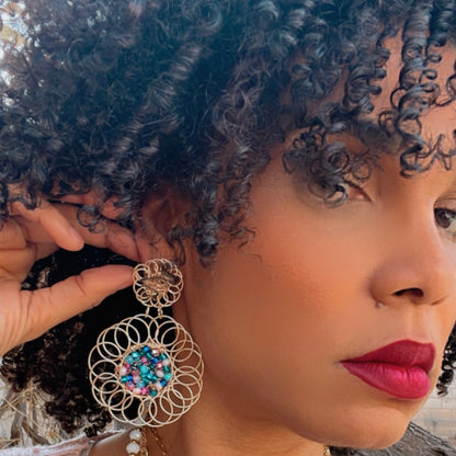 Golden Flower And Bead Earrings, Handmade Gold Plated Wire Earrings