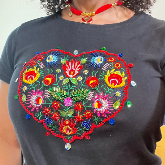 Embroidered Heart Flower Tshirt, Hand Embroidered Applique Tshirt For Women, Mexican Design Tshirt, Funny Summer Tshirt