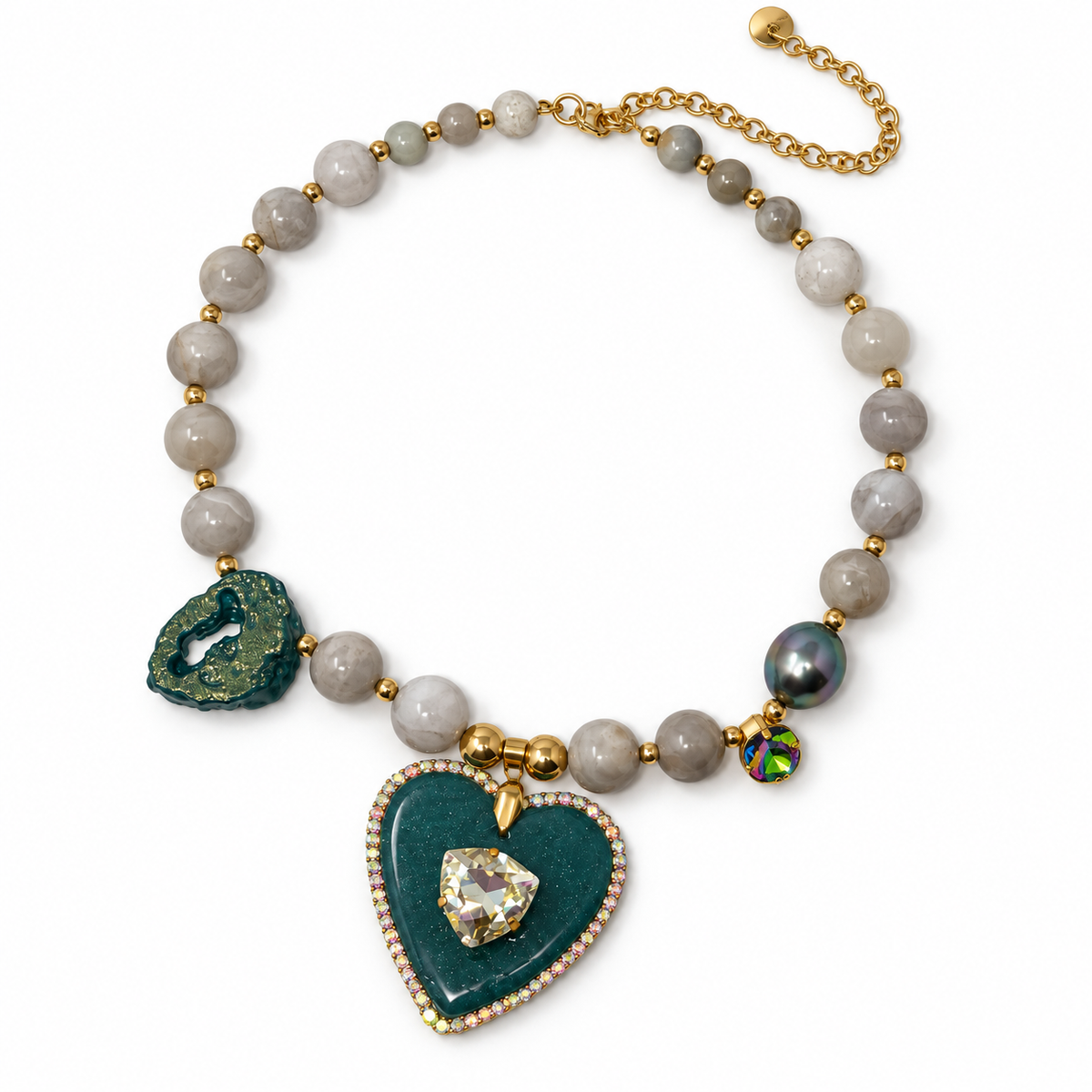 Agate & Grey Pearl Necklace with Swarovski Crystal Resin Heart