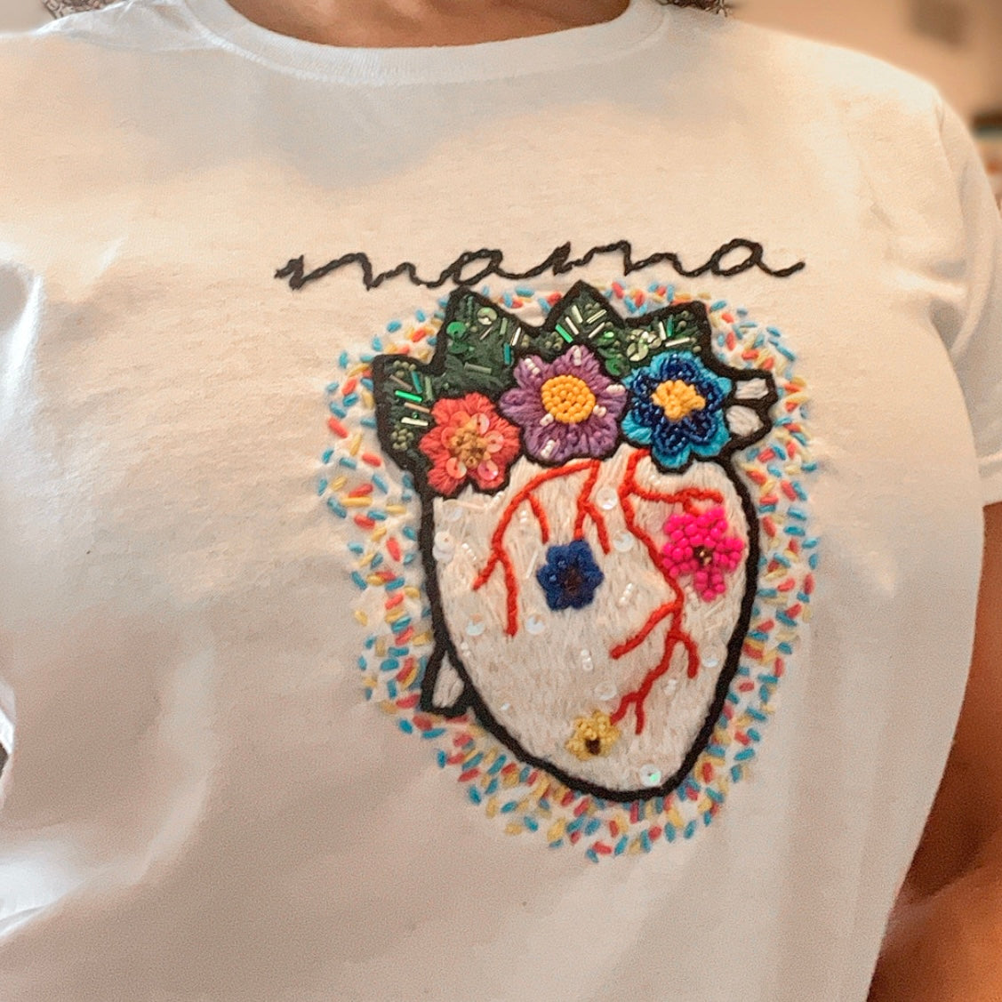Hand embroidered Mama floral Tshirt, Hand Embroidered heart flower Tshirt For Women, Mexican blouse Design Tshirt, Funny mom shirt, summer
