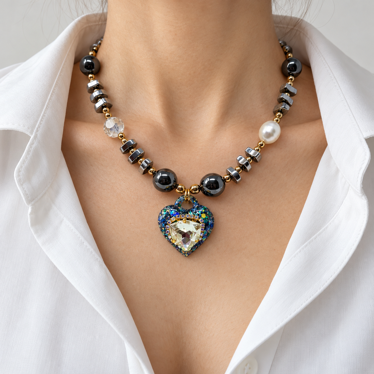 Hematite Heart Pendant Necklace with Trilliant Swarovski Crystal