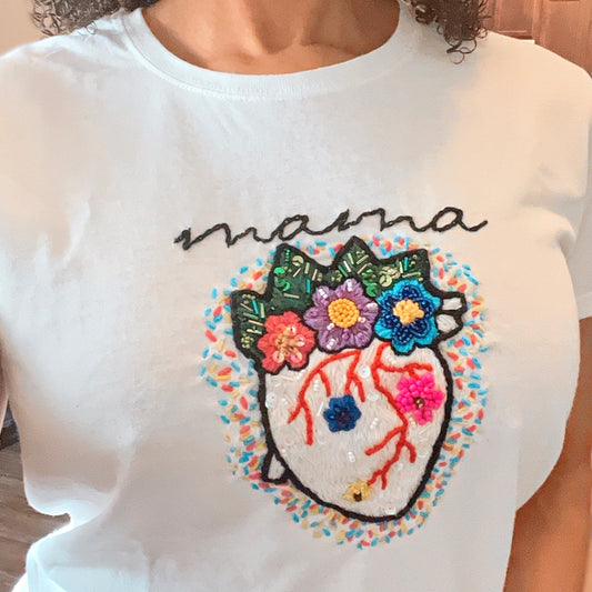 Hand embroidered Mama floral Tshirt, Hand Embroidered heart flower Tshirt For Women, Mexican blouse Design Tshirt, Funny mom shirt, summer