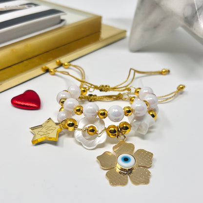 Handmade white beaded bracelet sets with flower evil eyes pendant, bracelet for women