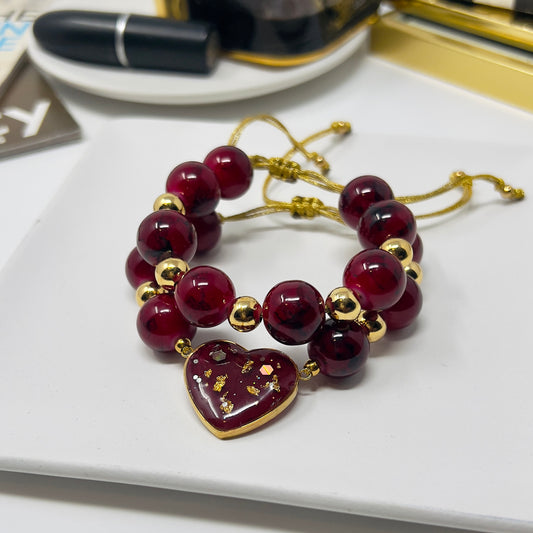 Handmade crystal beads bracelet sets with Resin Heart Charm