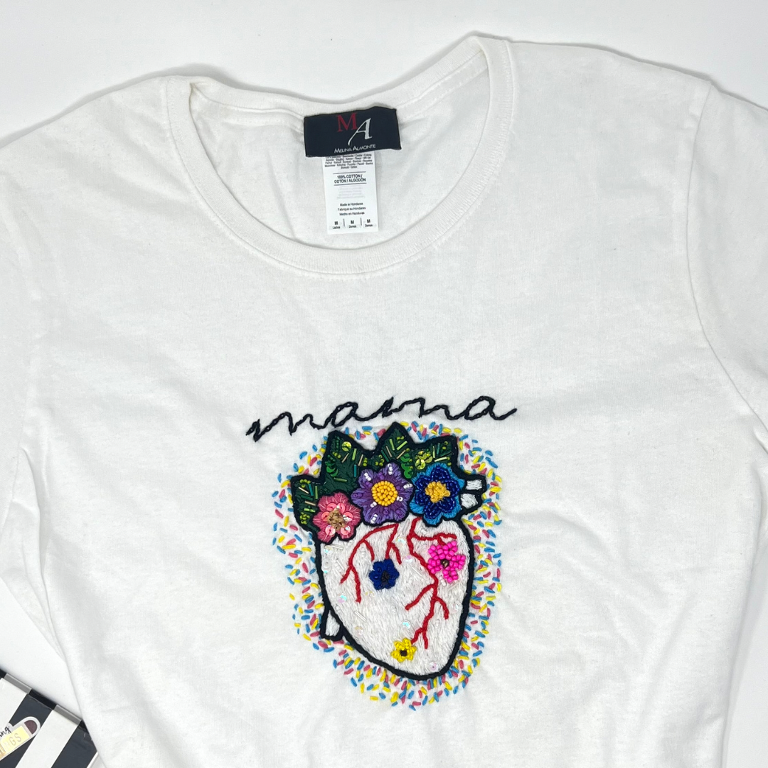 Hand embroidered Mama floral Tshirt, Hand Embroidered heart flower Tshirt For Women, Mexican blouse Design Tshirt, Funny mom shirt, summer