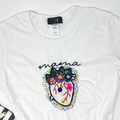 Hand embroidered Mama floral Tshirt, Hand Embroidered heart flower Tshirt For Women, Mexican blouse Design Tshirt, Funny mom shirt, summer