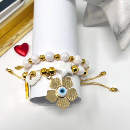 Handmade white beaded bracelet sets with flower evil eyes pendant, bracelet for women