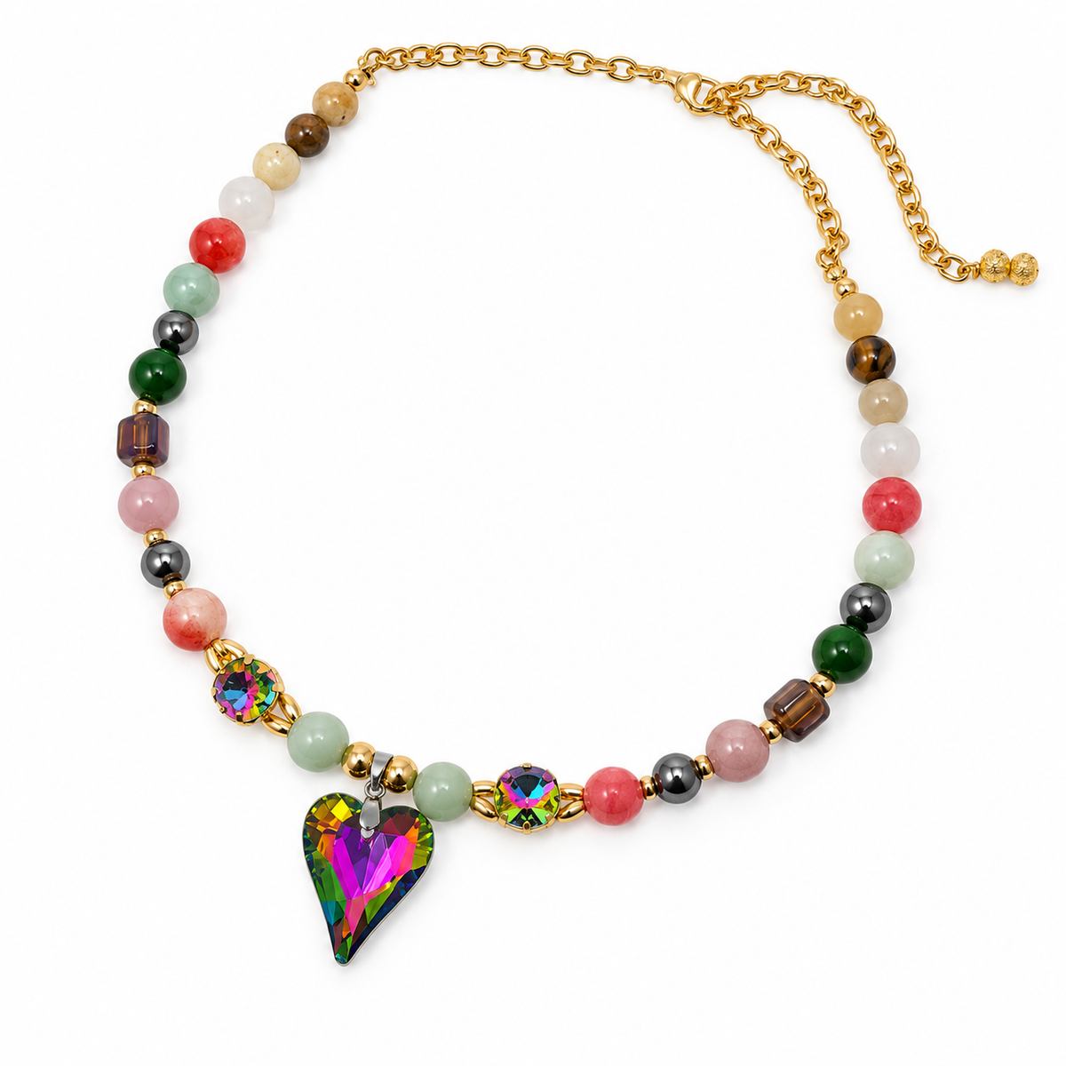 Mixed Gemstone Necklace with Crystal Heart & Swarovski Accents