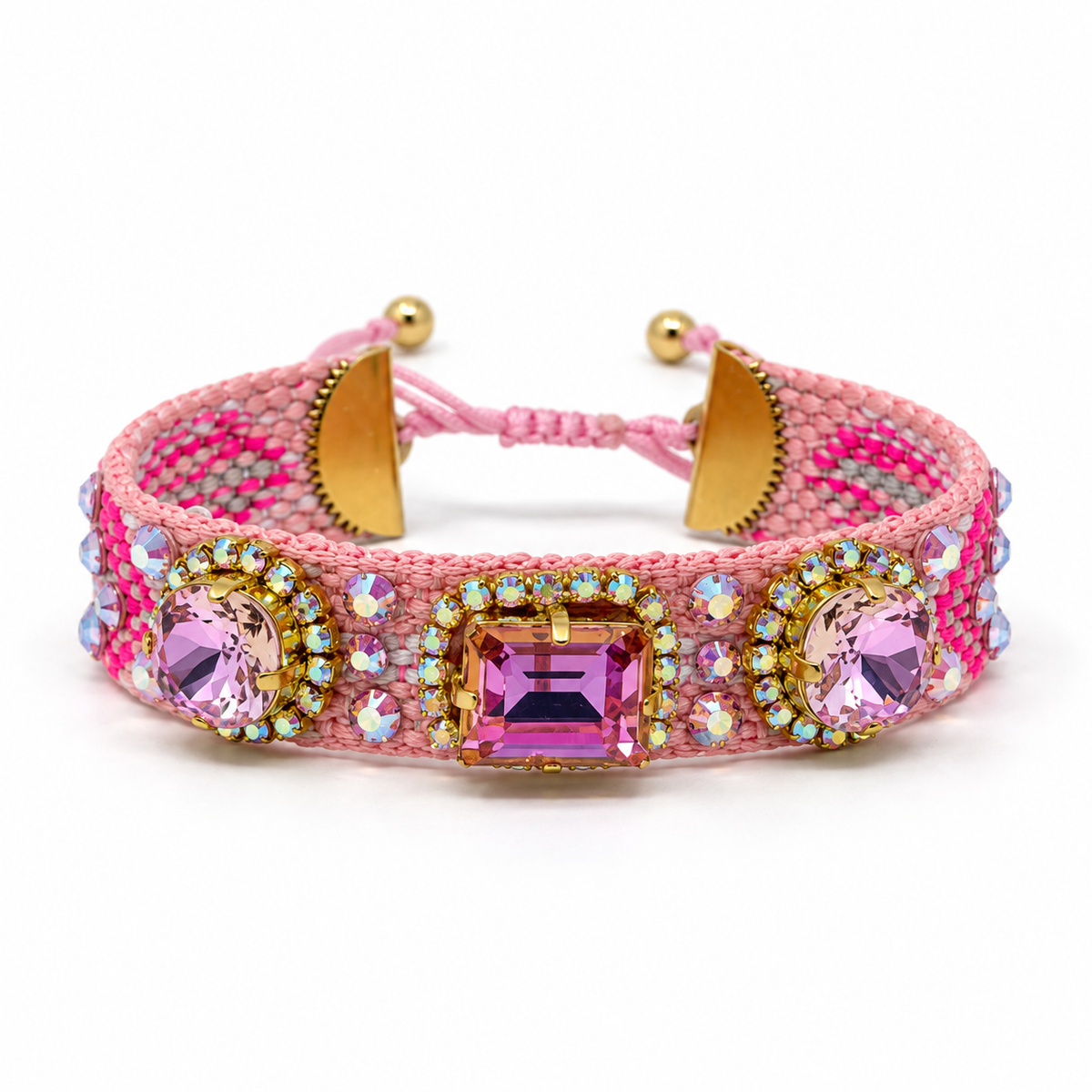 Pink Macramé Bracelet with Mixed-Cut Swarovski Crystals