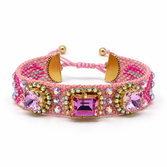 Pink Macramé Bracelet with Mixed-Cut Swarovski Crystals