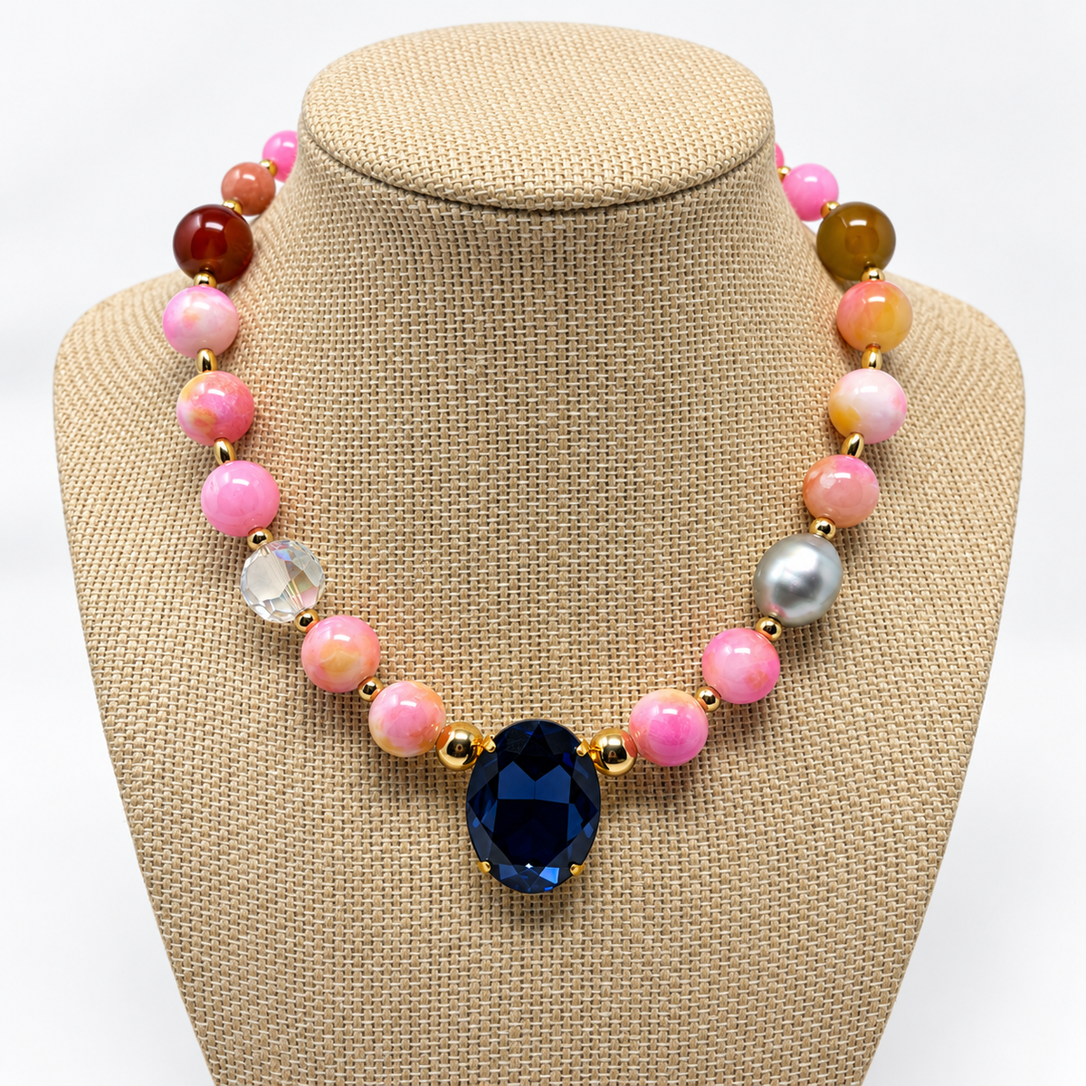 Pink Jade Necklace with Oval Montana Swarovski Crystal