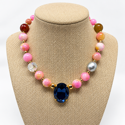 Pink Jade Necklace with Oval Montana Swarovski Crystal