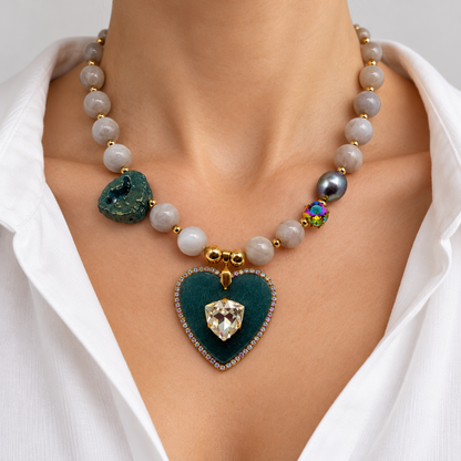 Agate & Grey Pearl Necklace with Swarovski Crystal Resin Heart