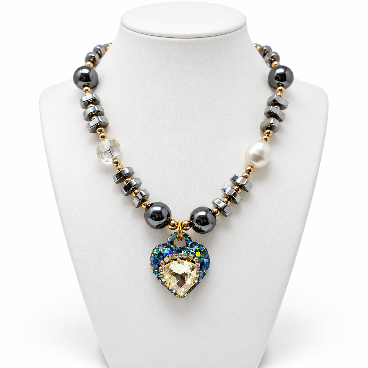 Hematite Heart Pendant Necklace with Trilliant Swarovski Crystal
