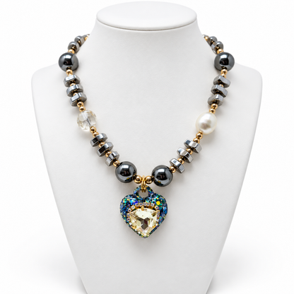 Hematite Heart Pendant Necklace with Trilliant Swarovski Crystal