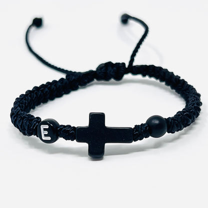 Cross bracelet men, Initial bracelet, Christian religious catholic protection, black cord beads, Christmas gift for him, boyfriend father