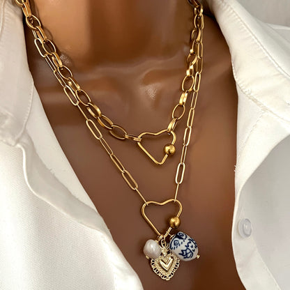 Carabiner necklace, Chunky charm necklace, Custom gold vintage, handmade Christmas gift women, paperclip necklace, pearl pendant